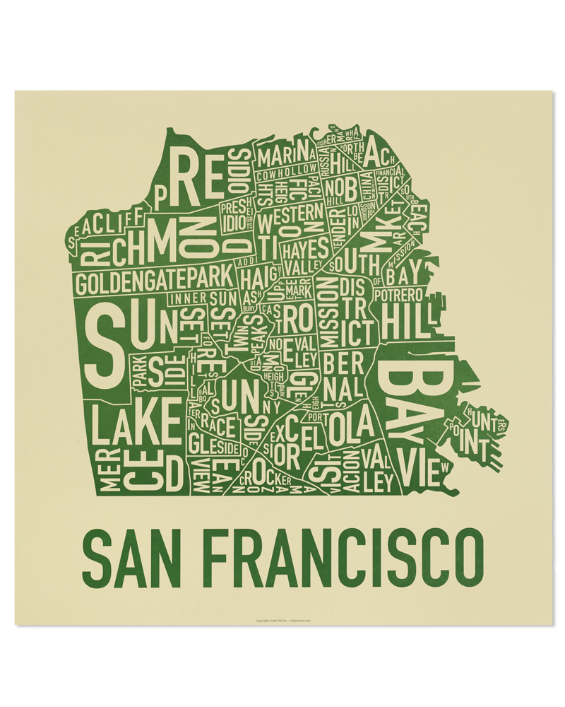 San Francisco Neighborhood Map 18 X 18 Easy Being Green Poster