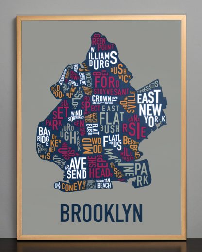 Framed Brooklyn Neighborhood Typography Map, Multi-Color, 18" x 24" in Bronze Frame