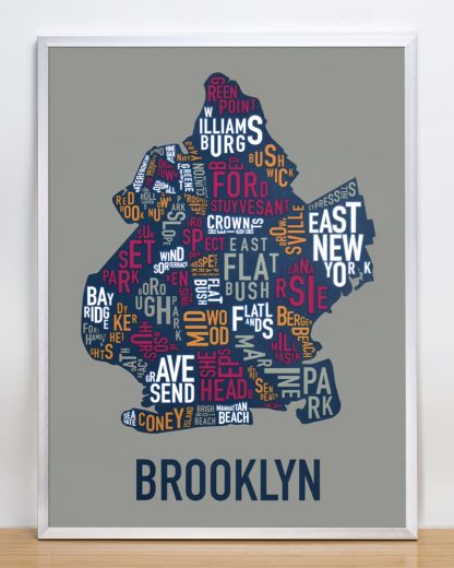 Framed Brooklyn Neighborhood Typography Map, Multi-Color, 18" x 24" in Silver Frame