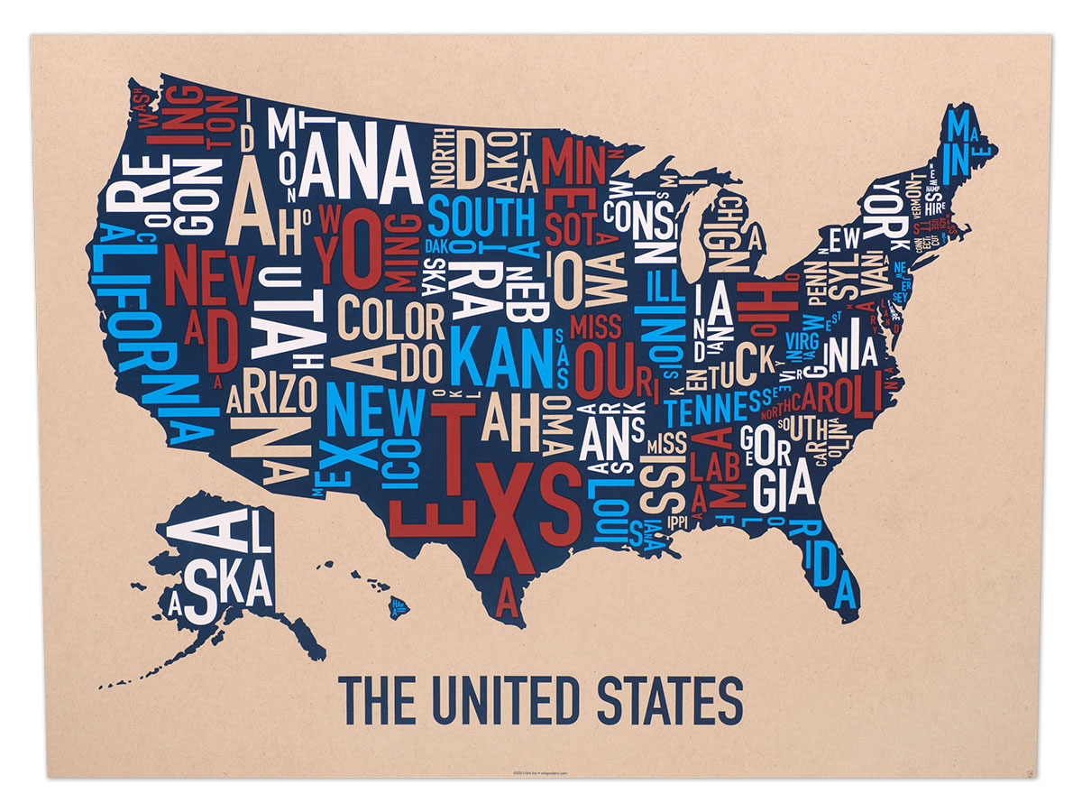 United States Map 24&quot; x 18&quot; Multi-Color Screenprint