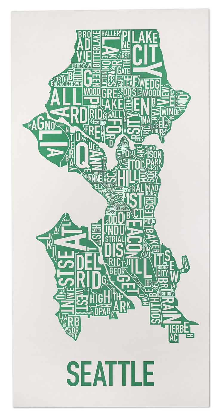 Seattle Neighborhood Map 16" x 32" Emerald City Green Poster