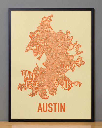 Framed Austin Neighborhood Map Poster, 18" x 24", Tan & Orange in Black Frame