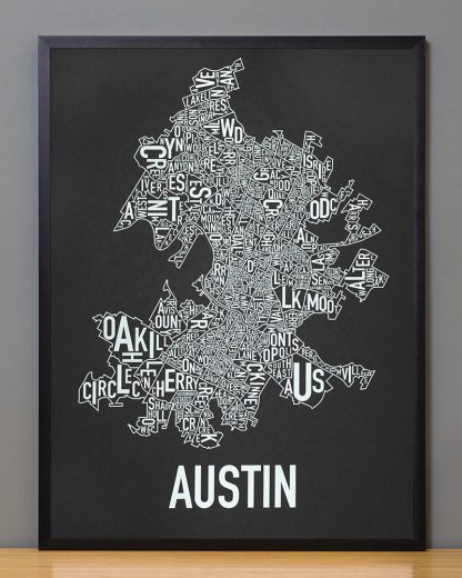 Framed Austin Neighborhood Map Screenprint, 18" x 24", Black & White in Black Frame