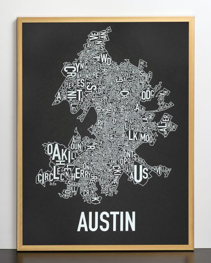 Framed Austin Neighborhood Map Screenprint, 18" x 24", Black & White in Bronze Frame