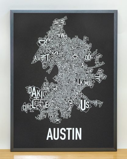 Framed Austin Neighborhood Map Screenprint, 18" x 24", Black & White in Steel Grey Frame