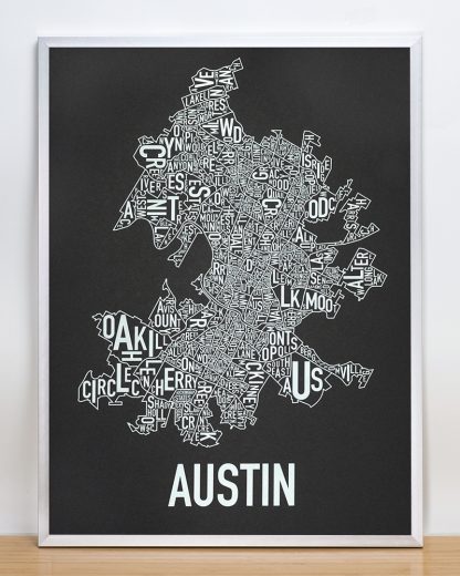 Framed Austin Neighborhood Map Screenprint, 18" x 24", Black & White in Silver Frame