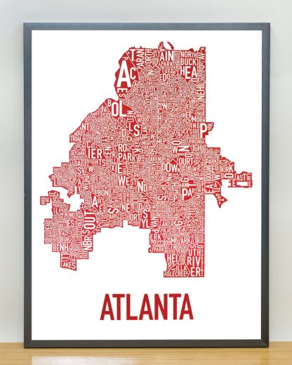 Framed Atlanta Neighborhood Map Poster, 18" x 24", White & Red in Steel Grey Frame