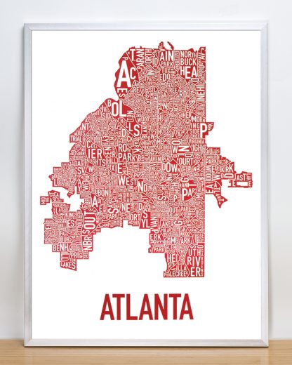 Framed Atlanta Neighborhood Map Poster, 18" x 24", White & Red in Silver Frame