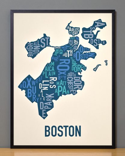 Boston neighborhood map print in multicolor in black frame