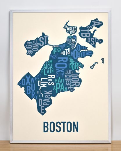 boston neighborhood typography map print in multi-color in silver frame
