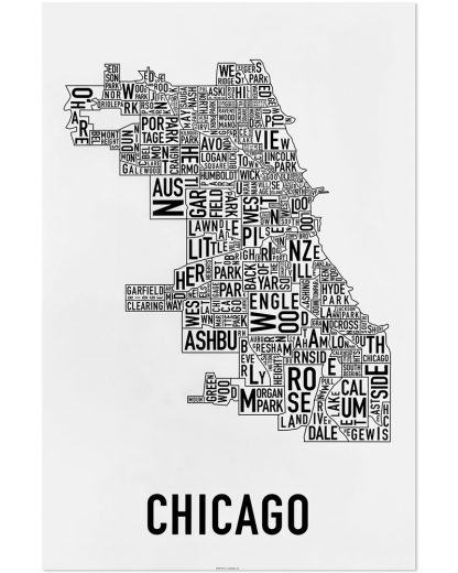 Chicago Neighborhood Map Poster, Classic B&W, 24" x 36"