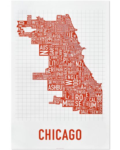Chicago Neighborhood Map Poster, Spicy Red, 24" x 36"