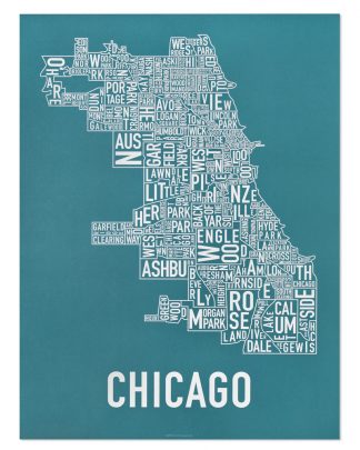 Chicago Neighborhood Map Poster, Teal & White, 18" x 24"