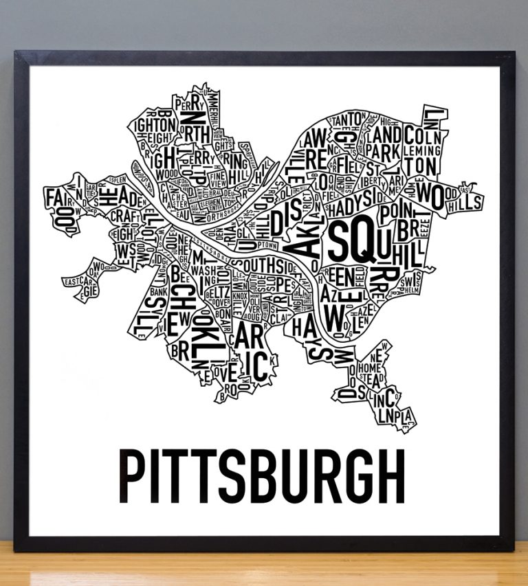Pittsburgh Neighborhood Map 18" x 18" Classic Black & White Poster