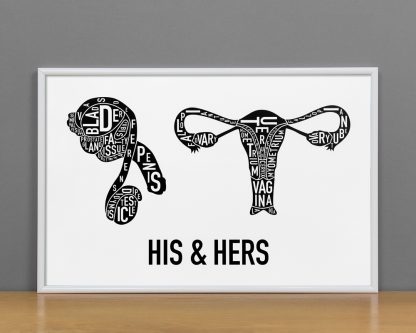 His & Hers Anatomy Diagram, Classic B&W, in White Metal Frame