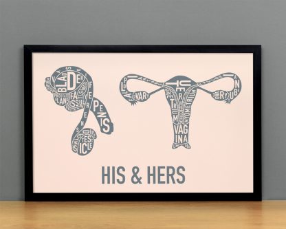His & Hers Anatomy Diagram, Blush/Grey, in Black Frame