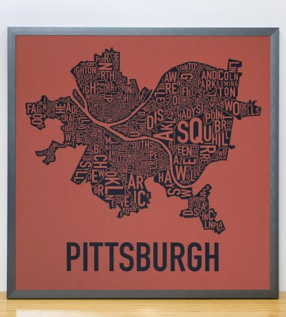 Pittsburgh Typographic Map Silkscreen, Rust Red and Navy in Grey Frame