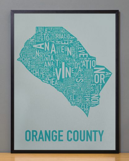 Orange County typographic art Grey Print in Black Frame