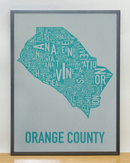 Orange County wall art type map Grey Print in Black Frame