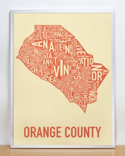 Orange County California Typographic Map in Tan and Orange