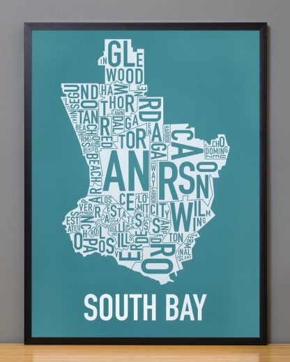 South Bay los angeles area modern map Teal Print in Black Frame