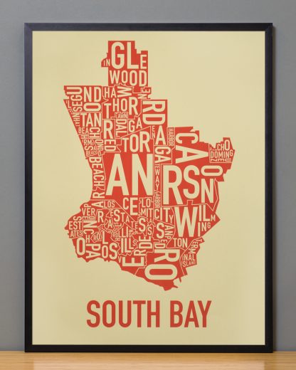 South Bay california typographic map Tan Print in Black Frame