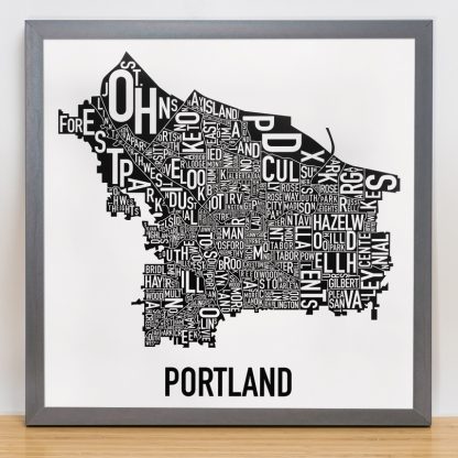 Portland Map Artwork Black and White Poster in grey frame