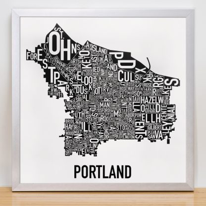 Portland Neighborhood Map Black and White Poster in silver frame