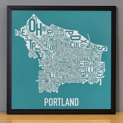 Portland Map Artwork Teal Print in Black Frame