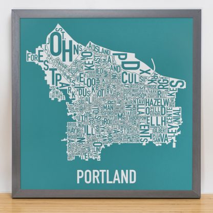 Portland Type Neighborhood Map Teal Silkscreen in Grey Frame