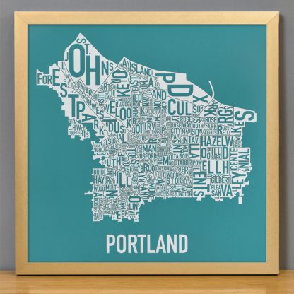 Portland Neighborhoods Map Teal Screen Print in Gold Frame