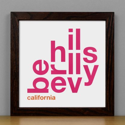 Framed Beverly Hills Fun With Type Mini Print, 8" x 8", White & Pink in Dark Wood Frame