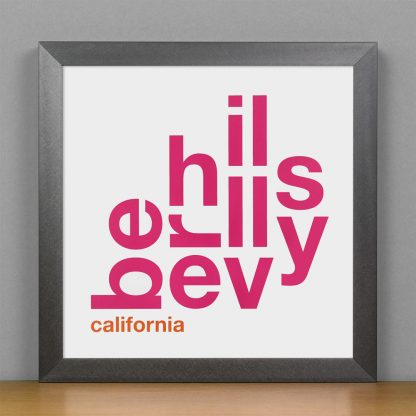 Framed Beverly Hills Fun With Type Mini Print, 8" x 8", White & Pink in Steel Grey Frame