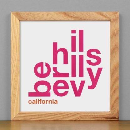 Framed Beverly Hills Fun With Type Mini Print, 8" x 8", White & Pink in Light Wood Frame