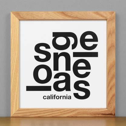 Framed Los Angeles Fun With Type Mini Print, 8" x 8", White & Black in Light Wood Frame