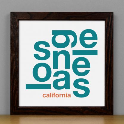 Framed Los Angeles Fun With Type Mini Print, 8" x 8", White & Teal in Dark Wood Frame