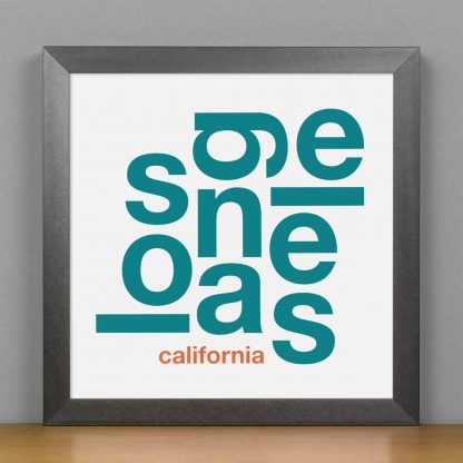 Framed Los Angeles Fun With Type Mini Print, 8" x 8", White & Teal in Steel Grey Frame