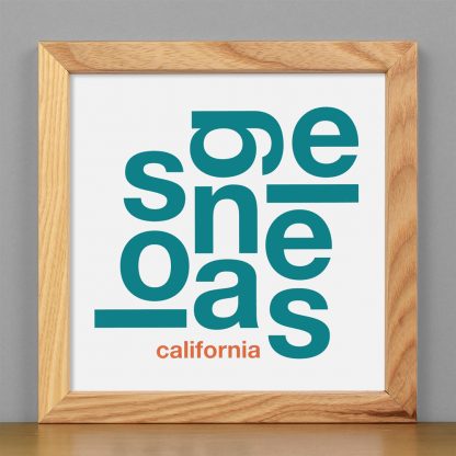 Framed Los Angeles Fun With Type Mini Print, 8" x 8", White & Teal in Light Wood Frame