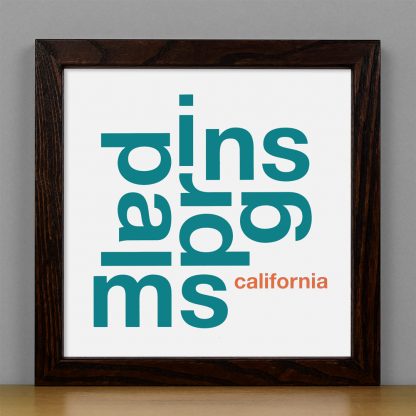 Framed Palm Springs Fun With Type Mini Print, 8" x 8", White & Teal in Dark Wood Frame