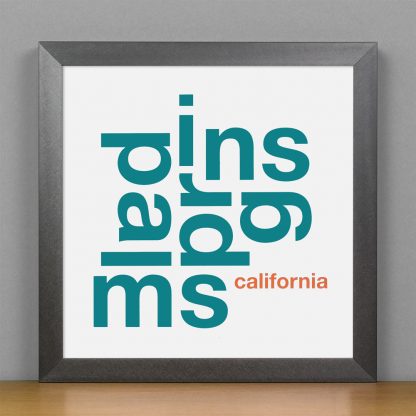Framed Palm Springs Fun With Type Mini Print, 8" x 8", White & Teal in Steel Grey Frame