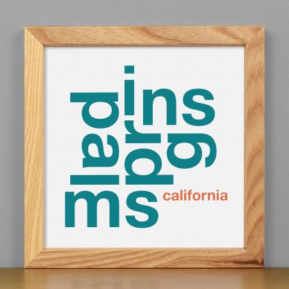 Framed Palm Springs Fun With Type Mini Print, 8" x 8", White & Teal in Light Wood Frame