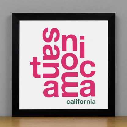 Framed Santa Monica Fun With Type Mini Print, 8" x 8", White & Pink in Black Frame
