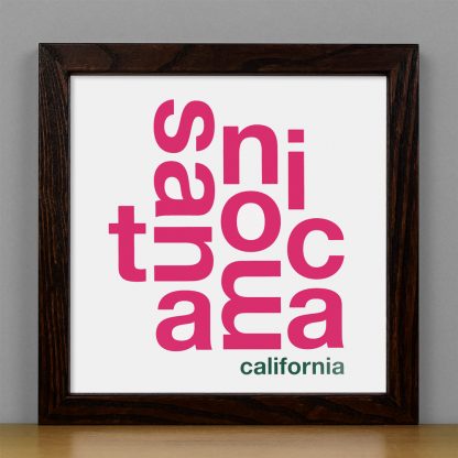 Framed Santa Monica Fun With Type Mini Print, 8" x 8", White & Pink in Dark Wood Frame