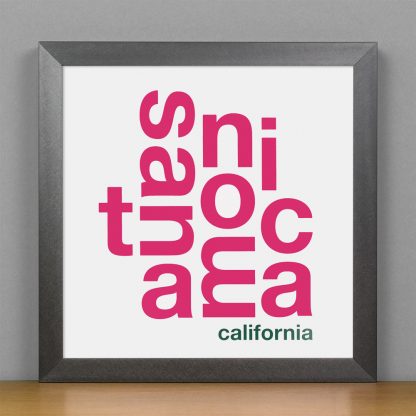 Framed Santa Monica Fun With Type Mini Print, 8" x 8", White & Pink in Steel Grey Frame