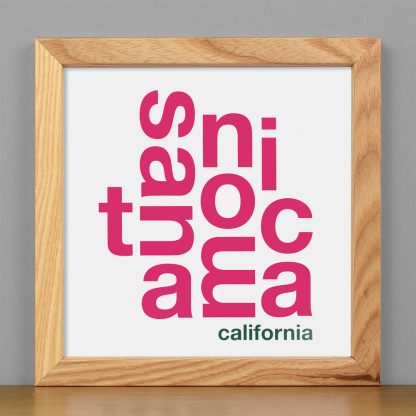 Framed Santa Monica Fun With Type Mini Print, 8" x 8", White & Pink in Light Wood Frame