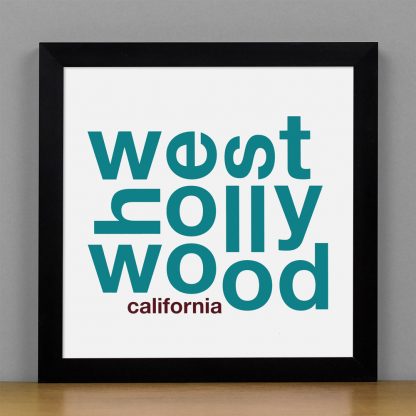 Framed West Hollywood Fun With Type Mini Print, 8" x 8", White & Teal in Black Frame