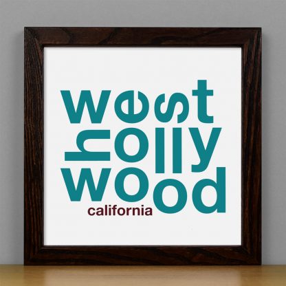 Framed West Hollywood Fun With Type Mini Print, 8" x 8", White & Teal in Dark Wood Frame