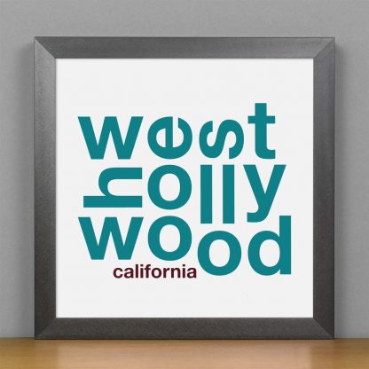 Framed West Hollywood Fun With Type Mini Print, 8" x 8", White & Teal in Steel Grey Frame