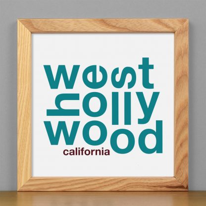 Framed West Hollywood Fun With Type Mini Print, 8" x 8", White & Teal in Light Wood Frame