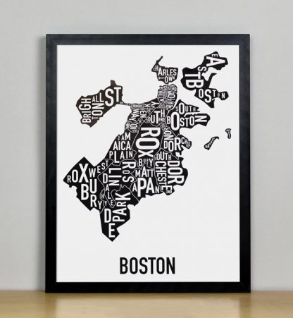 Framed Boston Typographic Neighborhood Map, 11" x 14" in Black Frame
